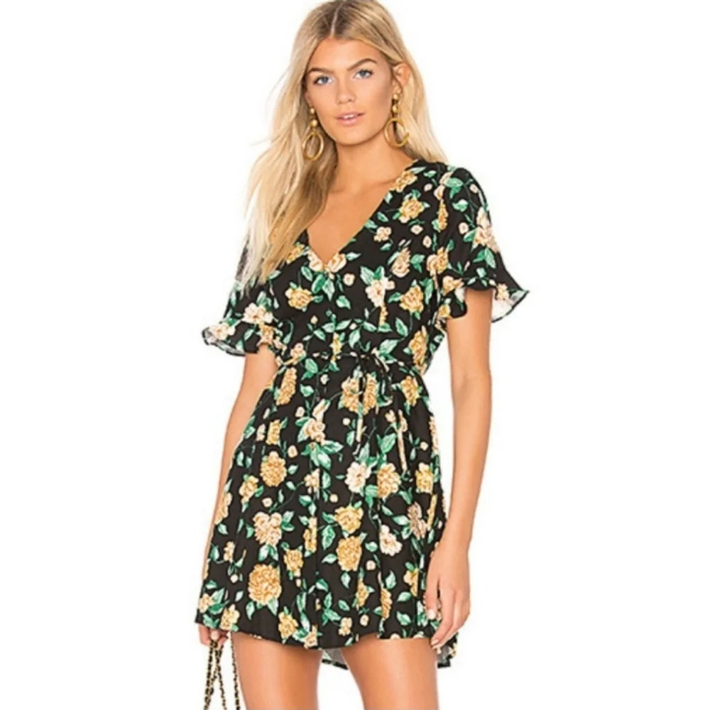 Revolve ASTR The Label Morgan Button Front Dress Black & Marigold Floral Medium